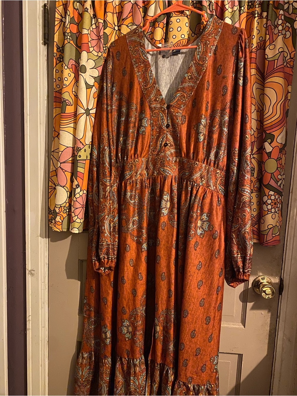 Modcloth Goldie Hour Terracotta Paisley V-Neck Long Sleeve Midi Dress New 3X